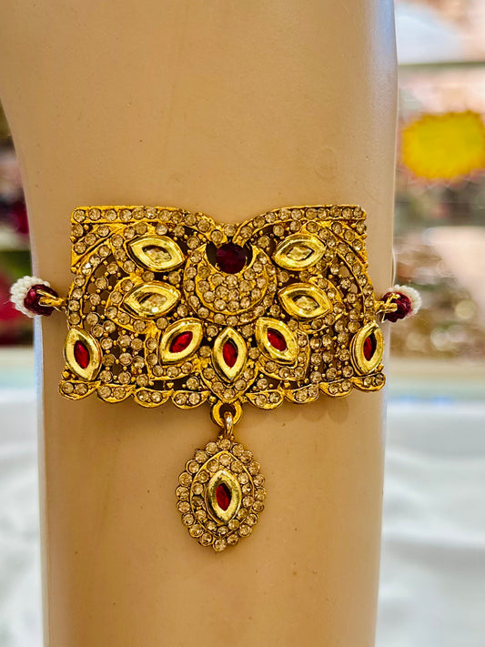 Traditional Gold-Plated Kundan Armlets for Women and Girls – Rajputi Bajuband with Beaded Loom, Adjustable Arm Jewelry, Rajwadi Armlets