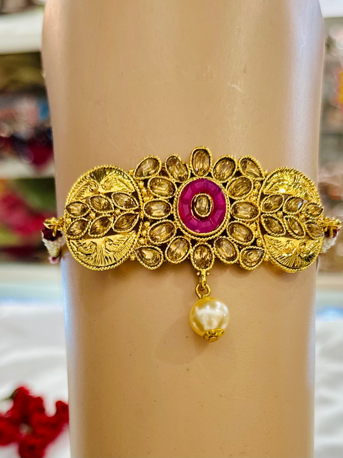 Traditional Gold-Plated Kundan Armlets for Women and Girls – Rajputi Bajuband with Beaded Loom, Adjustable Arm Jewelry, Rajwadi Armlets