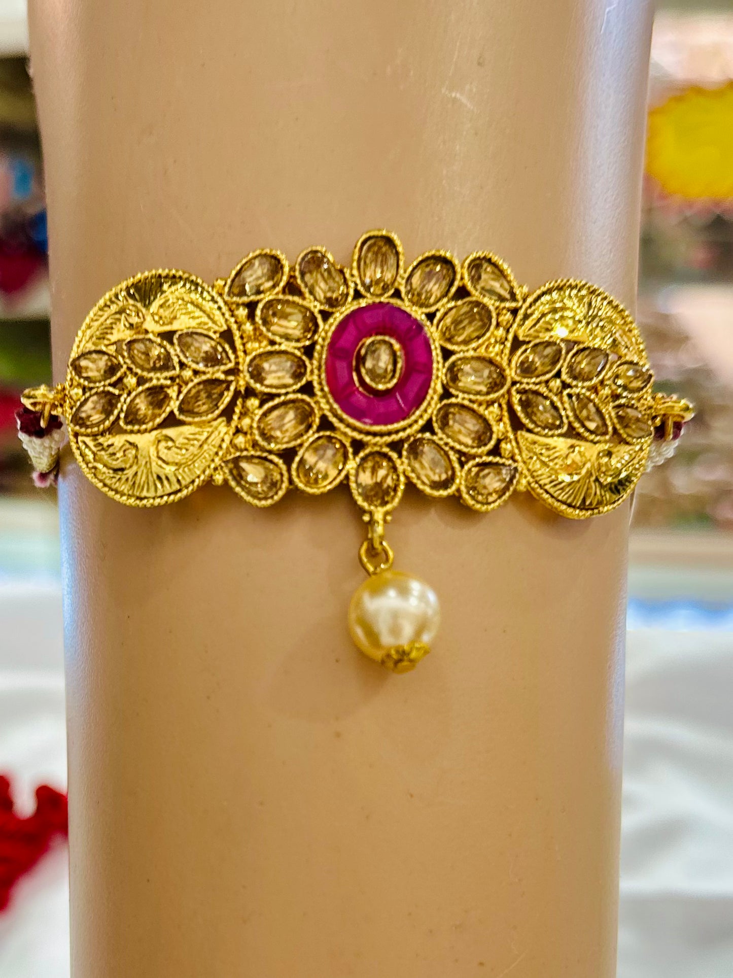 Traditional Gold-Plated Kundan Armlets for Women and Girls – Rajputi Bajuband with Beaded Loom, Adjustable Arm Jewelry, Rajwadi Armlets