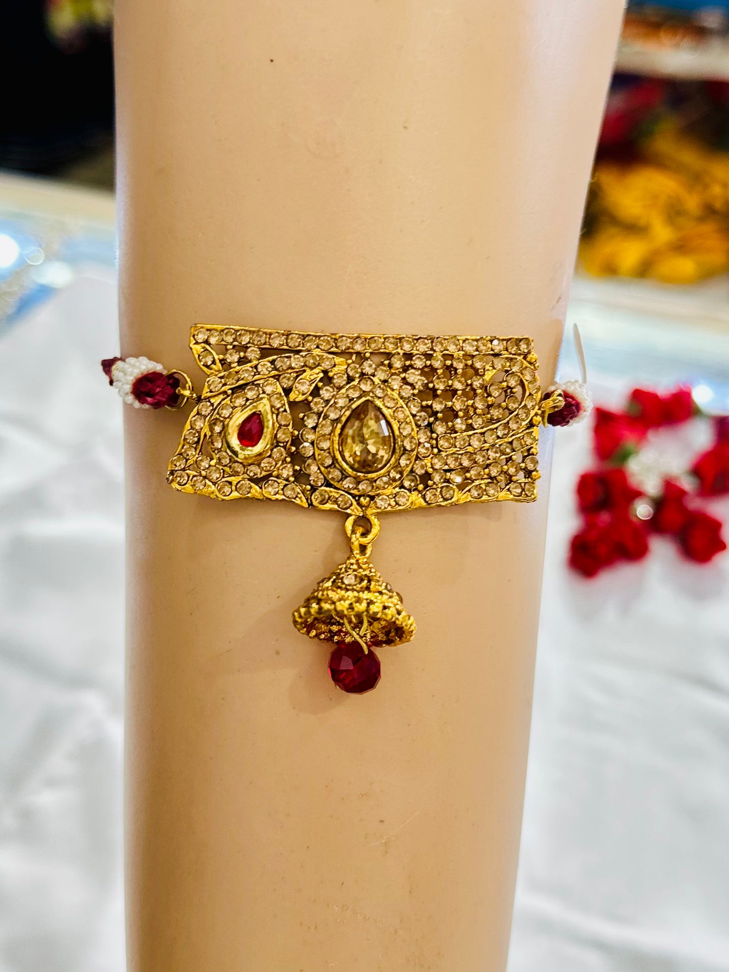 Traditional Gold-Plated Kundan Armlets for Women and Girls – Rajputi Bajuband with Beaded Loom, Adjustable Arm Jewelry, Rajwadi Armlets