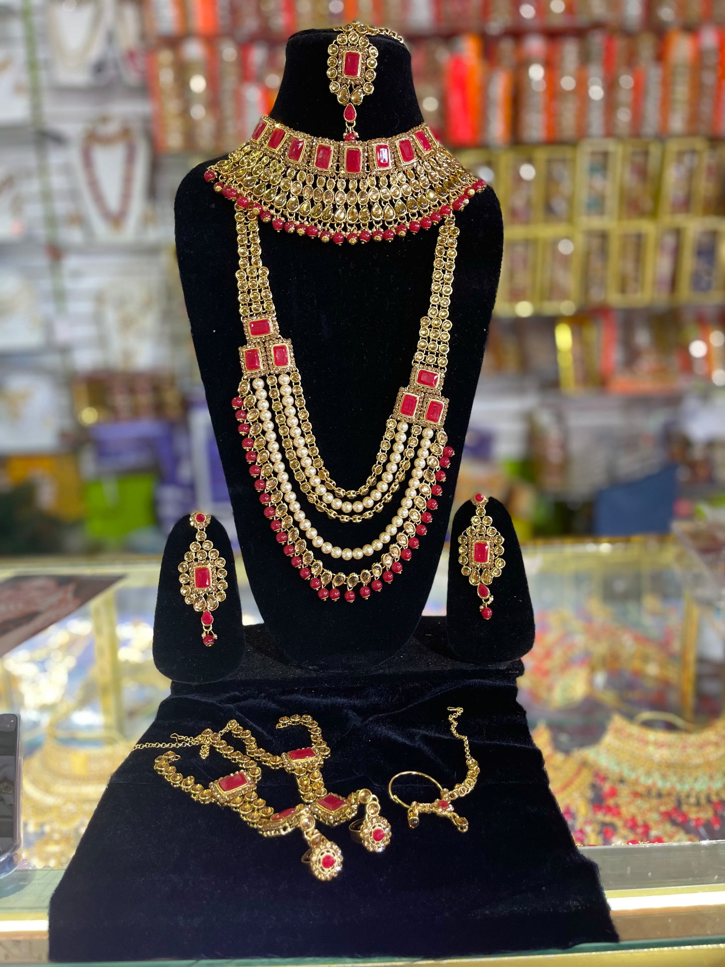 Red & Gold Stone Studded Bridal Jewelary Set