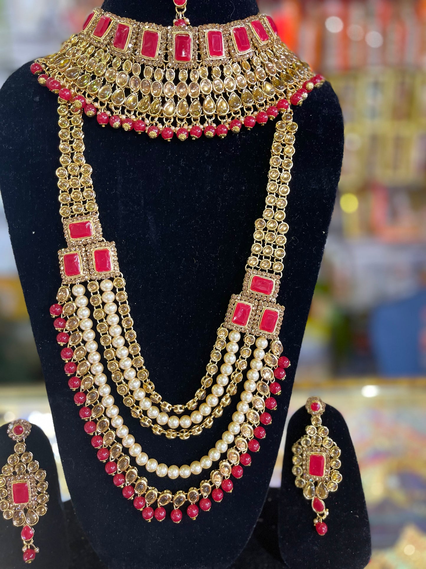 Red & Gold Stone Studded Bridal Jewelary Set