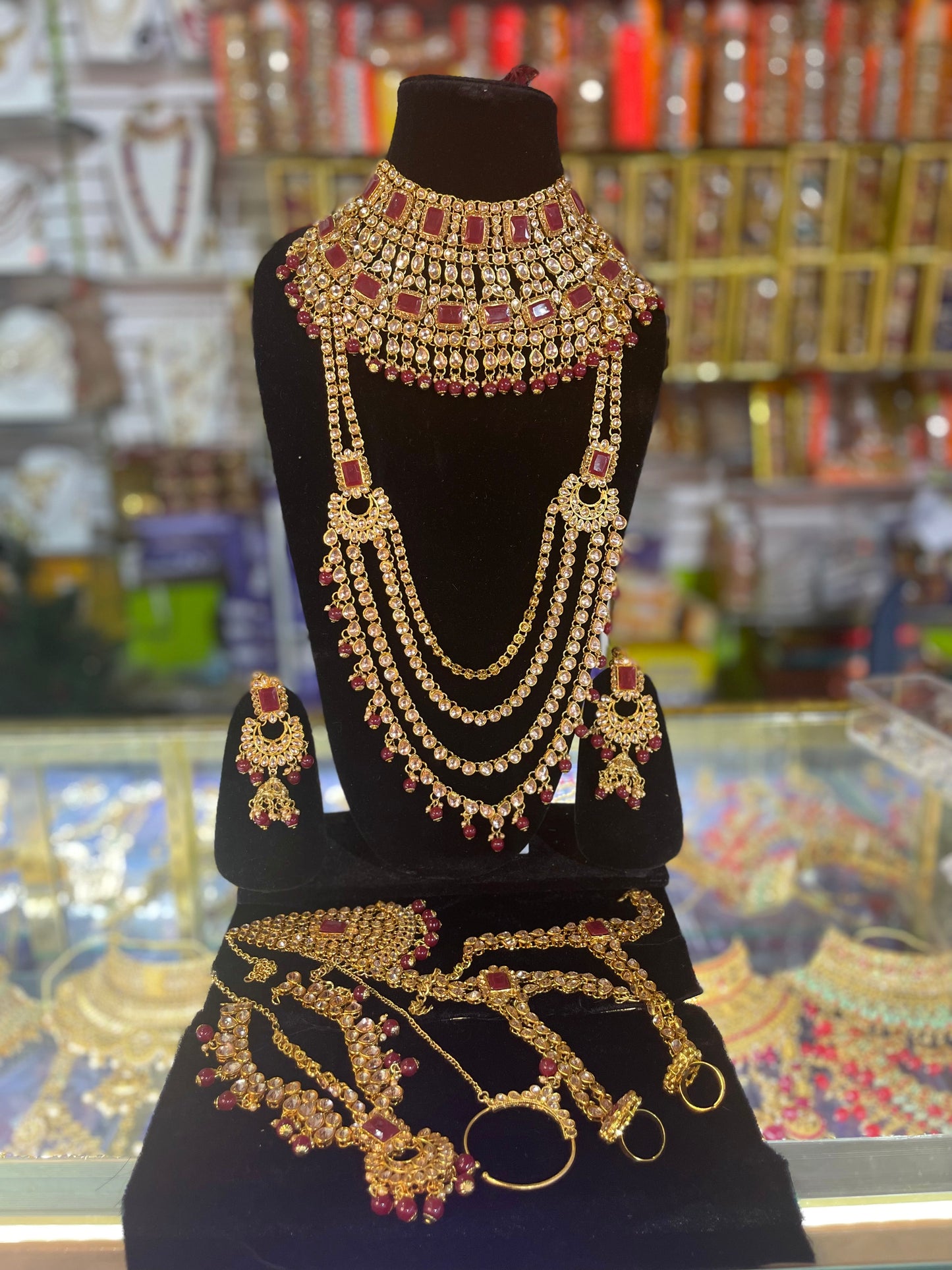 Heavy Stone Studded Mehroon & Gold Bridal Jewelary Set