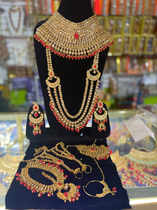 Red & Gold Stone Studded Bridal Jewelary Set