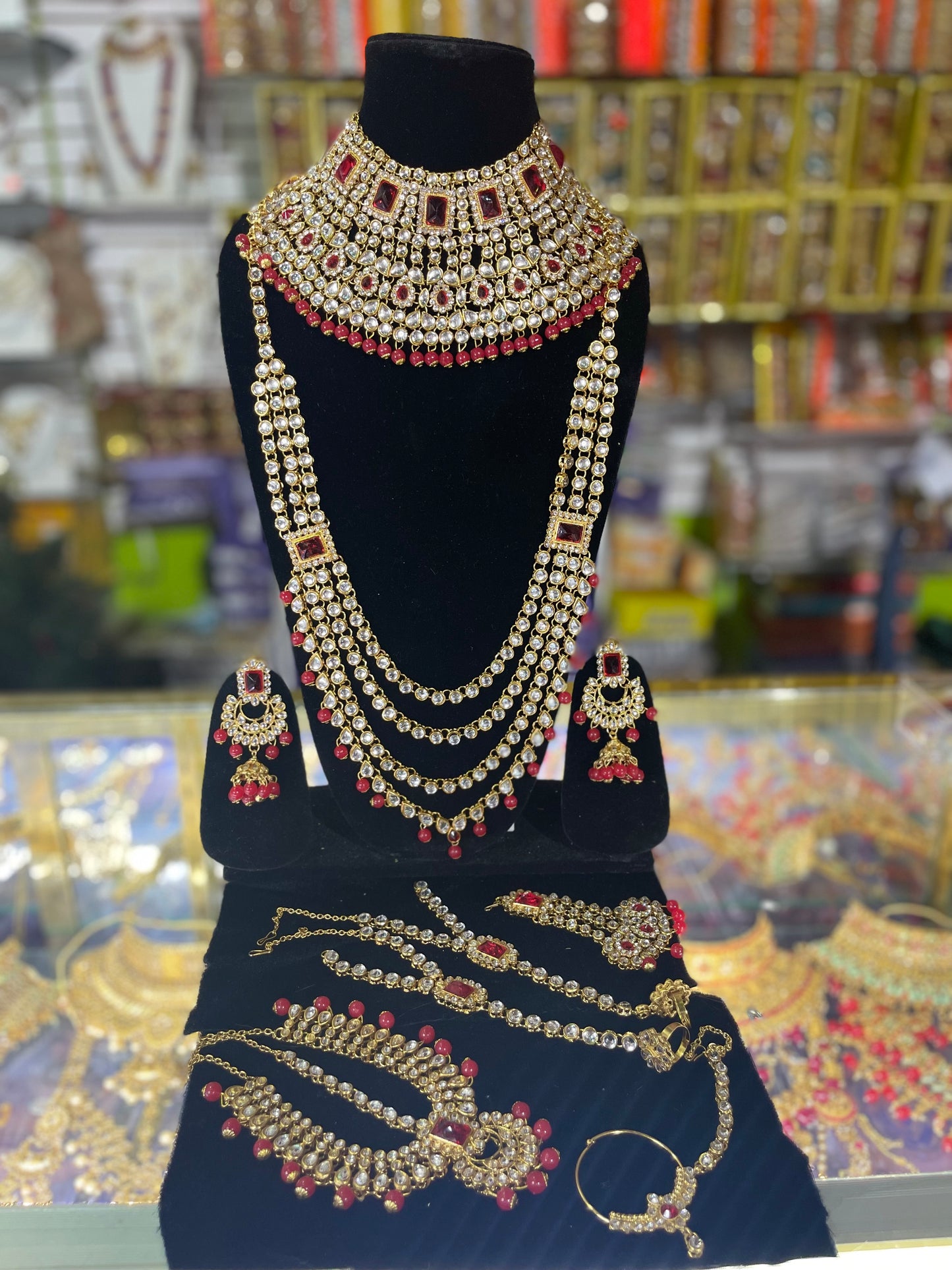 Heavy Stone Studded Kundun Mehroon & silver Bridal Jewelary Set