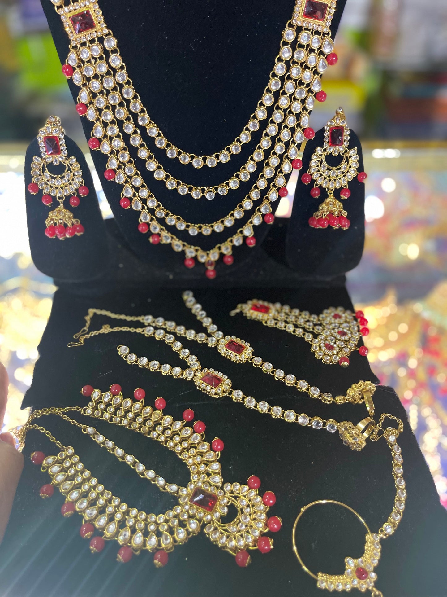 Heavy Stone Studded Kundun Mehroon & silver Bridal Jewelary Set