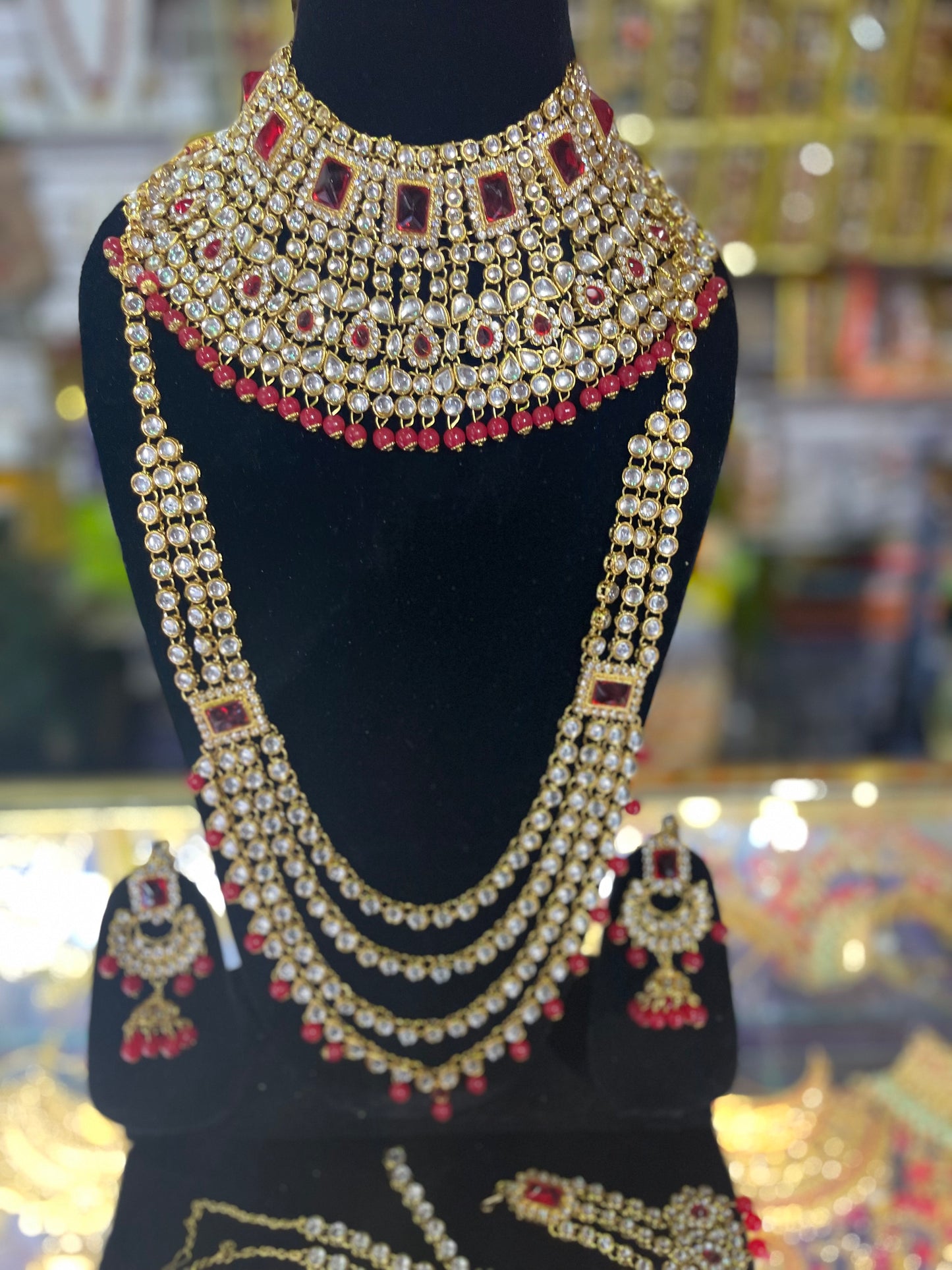 Heavy Stone Studded Kundun Mehroon & silver Bridal Jewelary Set