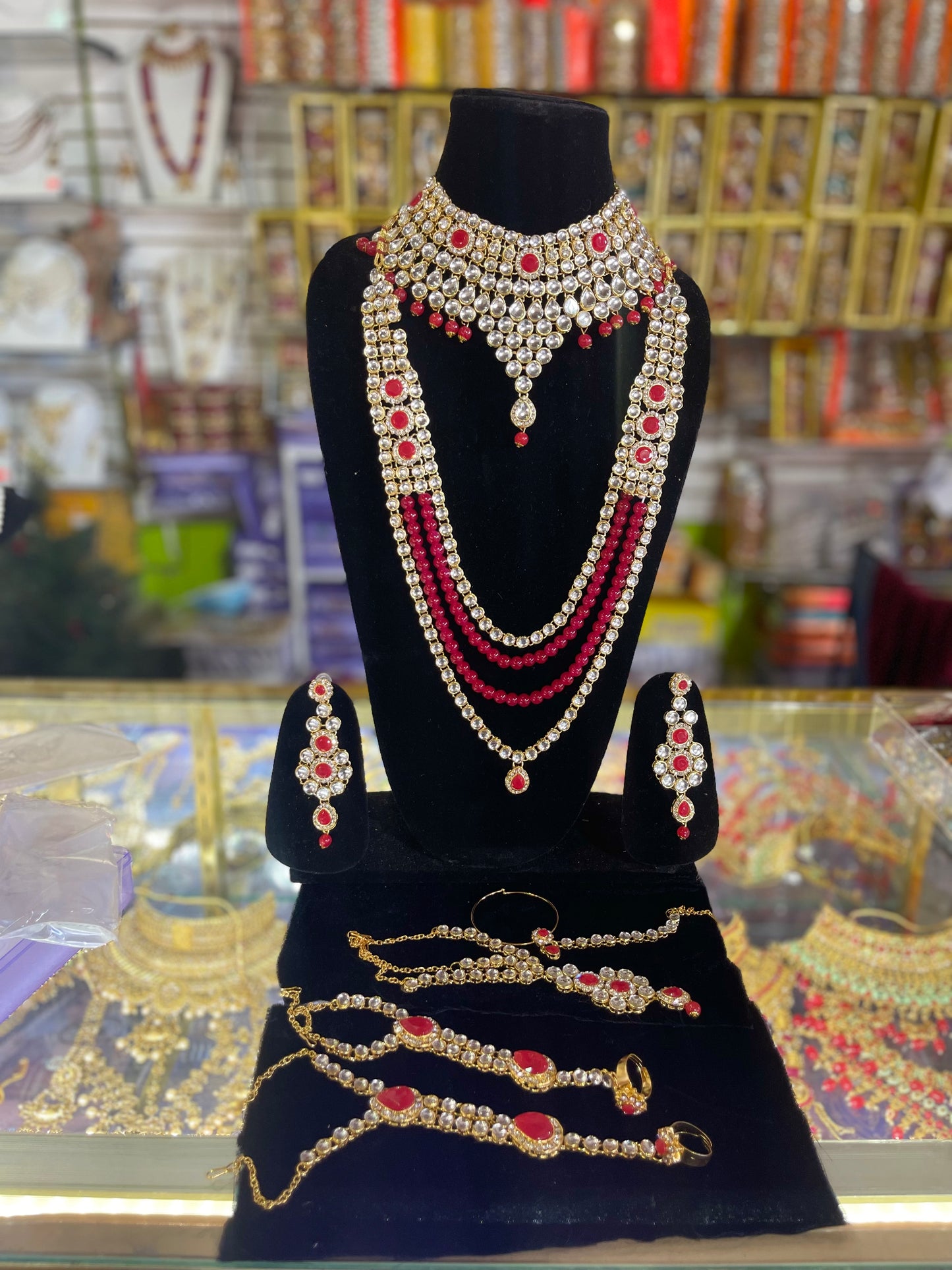 Heavy Stone Studded Kundun Mehroon & silver Bridal Jewelary Set