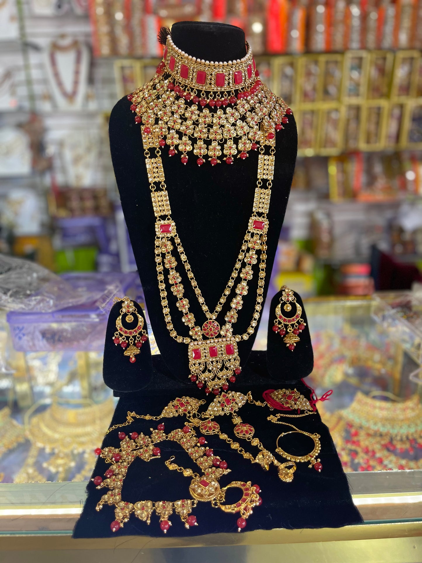 stone studded Kundan Red & Gold  Bridal set