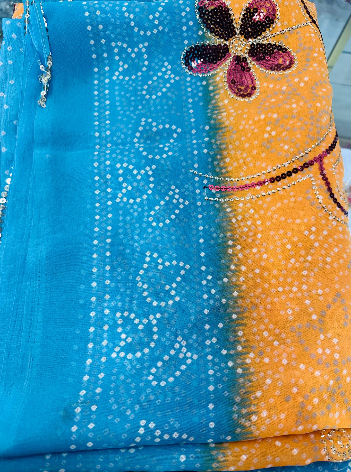 Peach & blue saree with brown sequence work