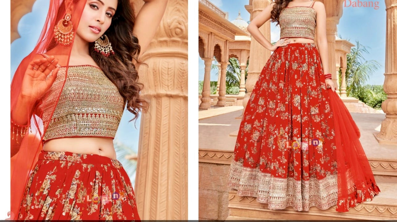 red color floral lehenga