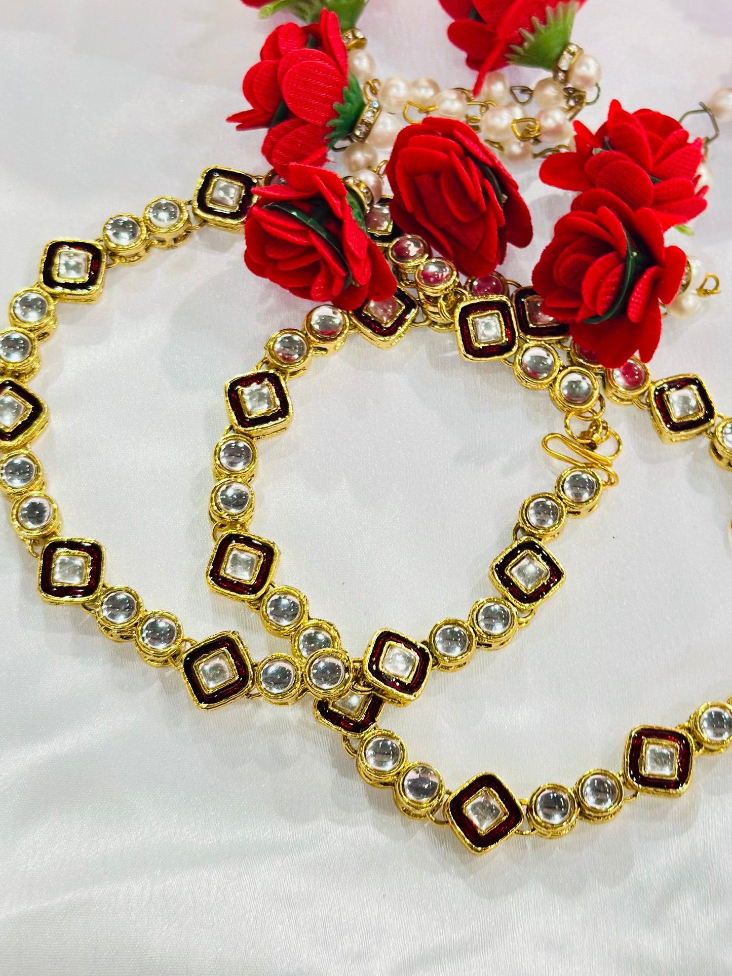 Kundan Anklets with red Meenakari work