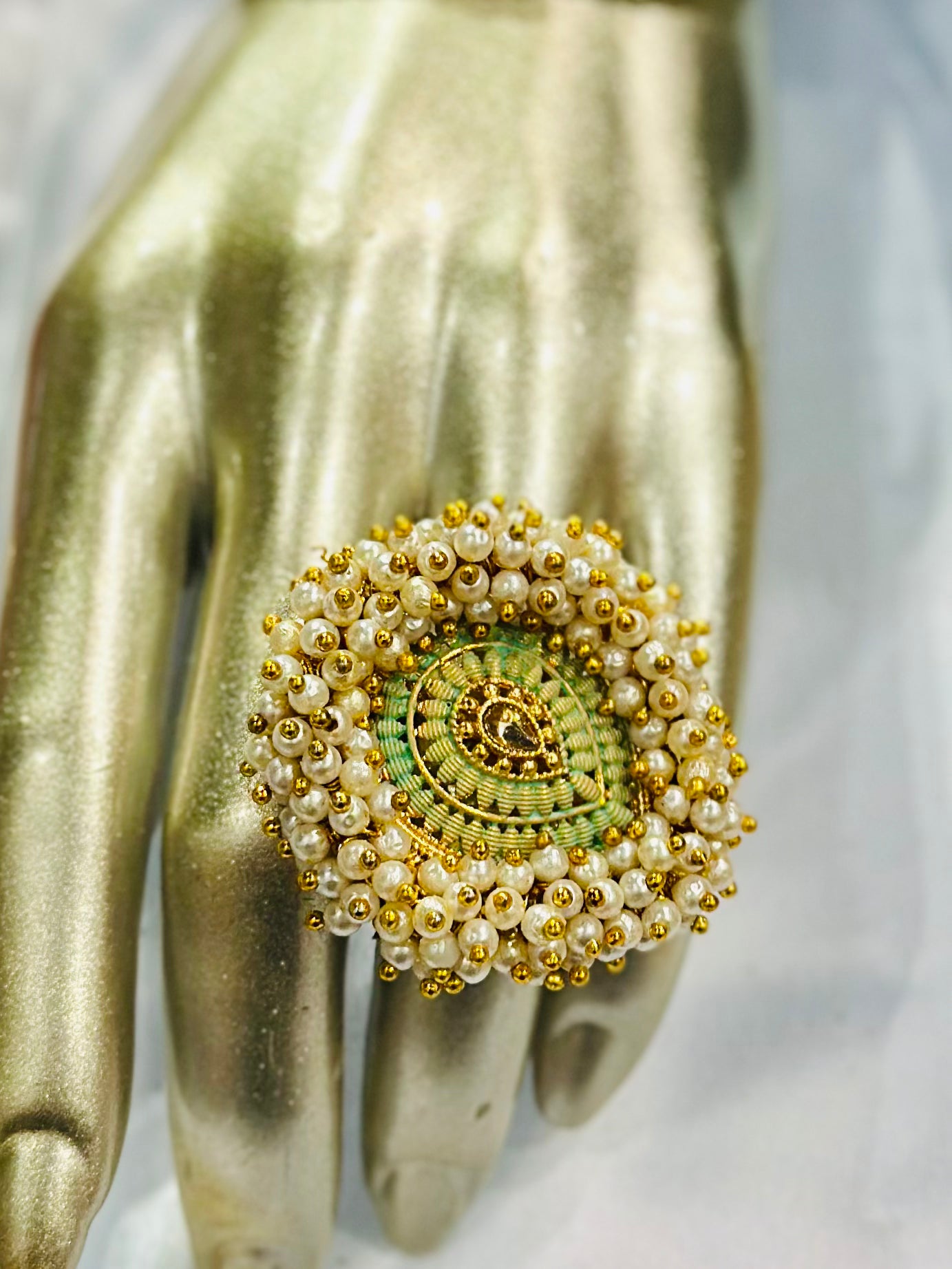 Pearl ring with meenakari & kundan stone work