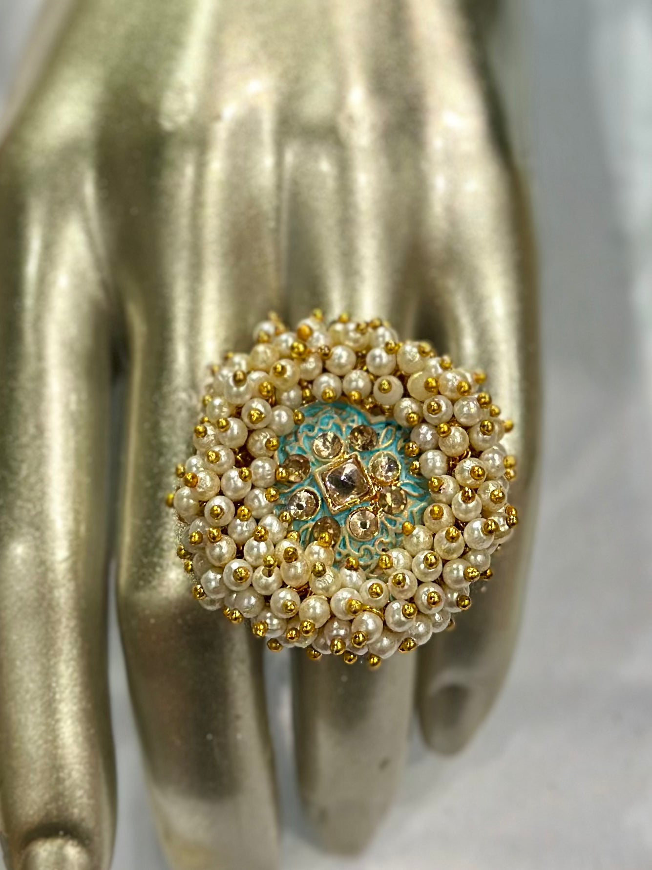 Pearl ring with meenakari & kundan stone work