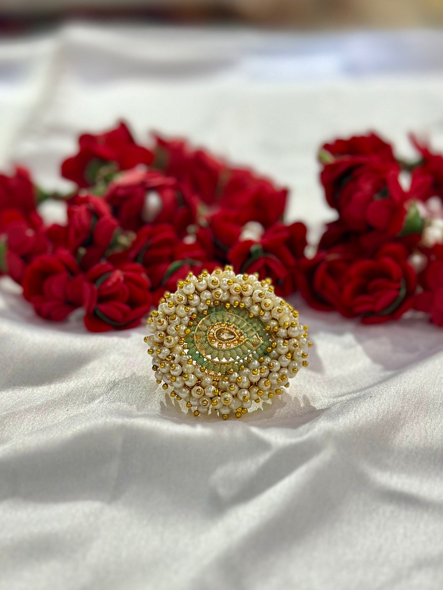 Pearl ring with meenakari & kundan stone work