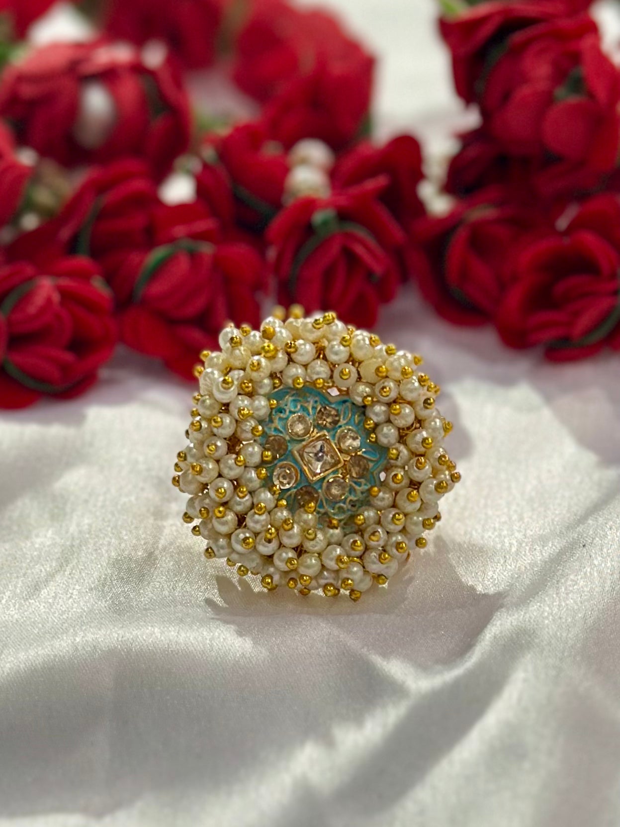 Pearl ring with meenakari & kundan stone work