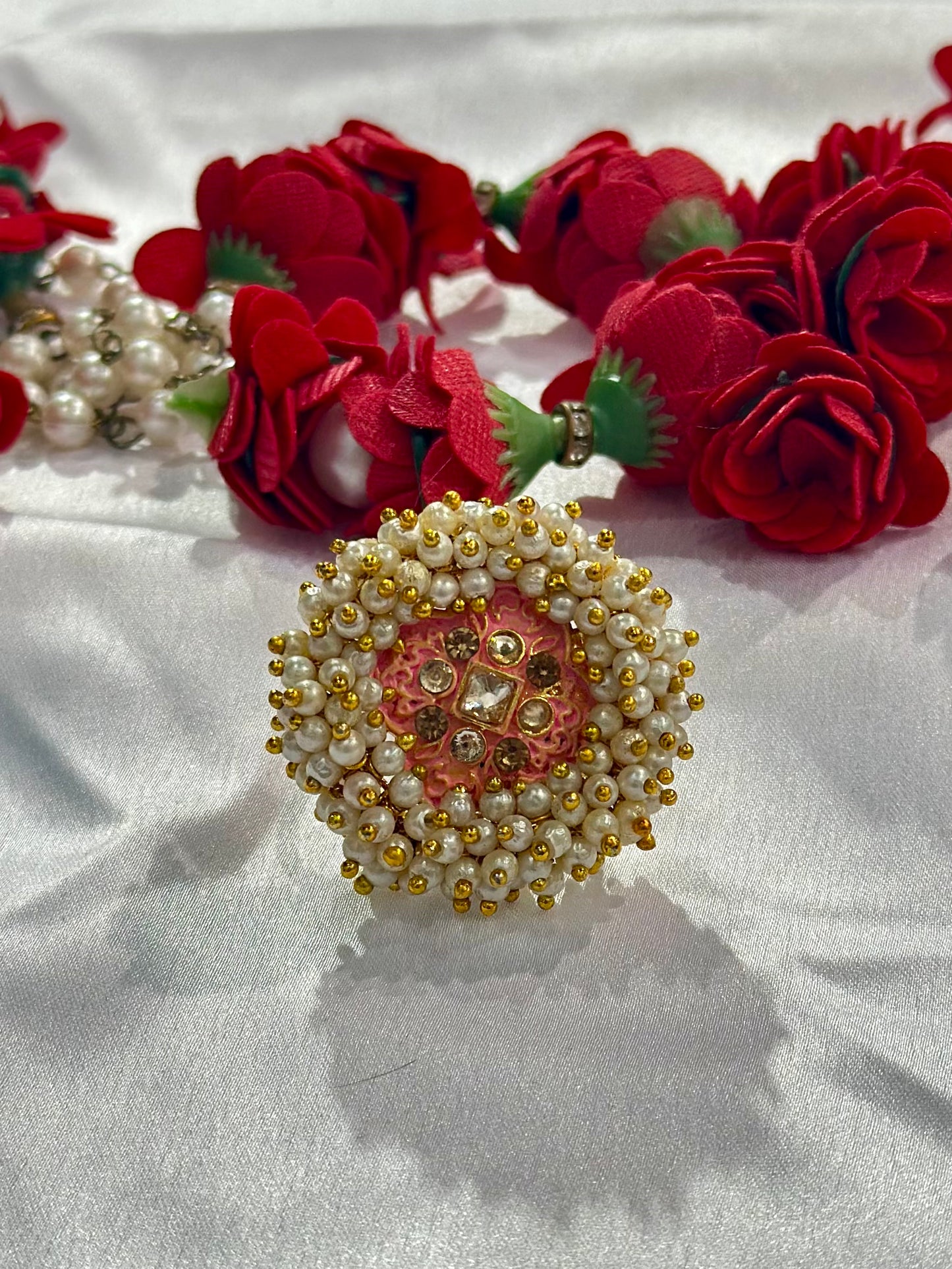 Pearl ring with meenakari & kundan stone work