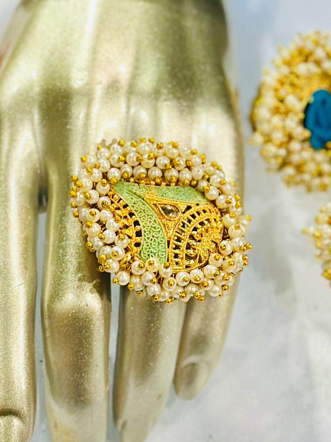 Pearl ring with meenakari & kundan stone work