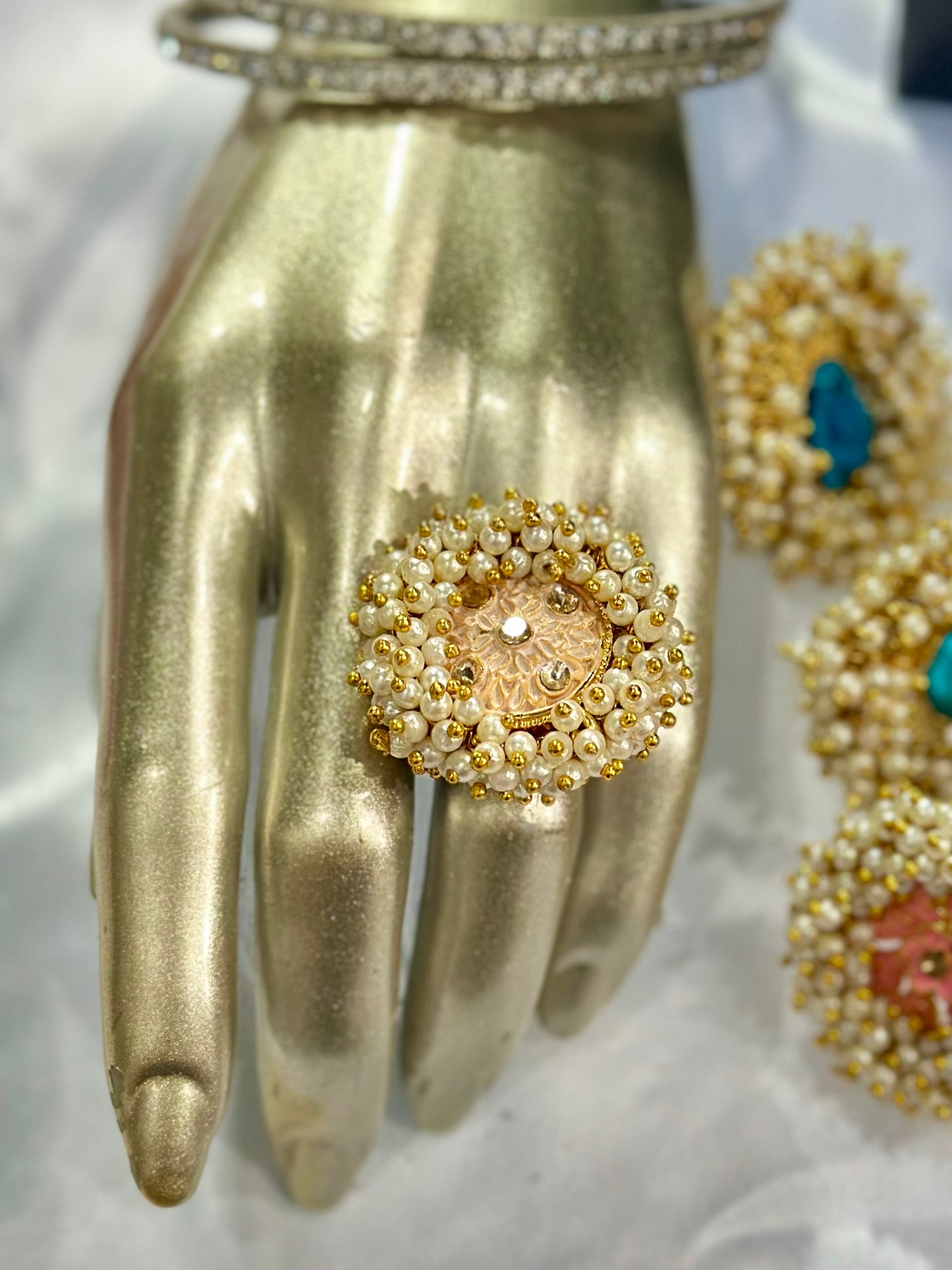 Pearl ring with meenakari & kundan stone work