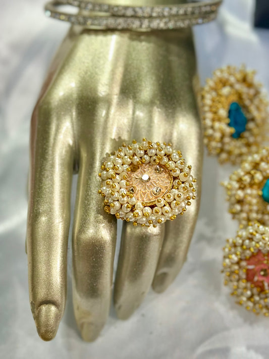 Pearl ring with meenakari & kundan stone work