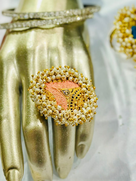 Pearl ring with meenakari & kundan stone work