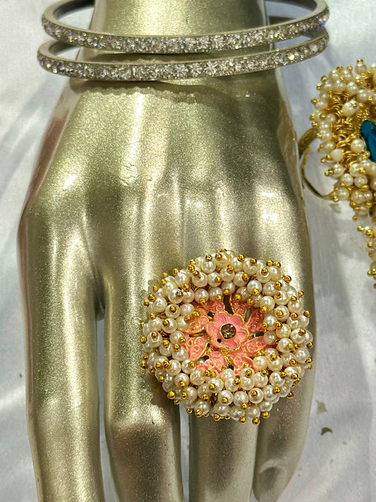 Pearl ring with meenakari & kundan stone work