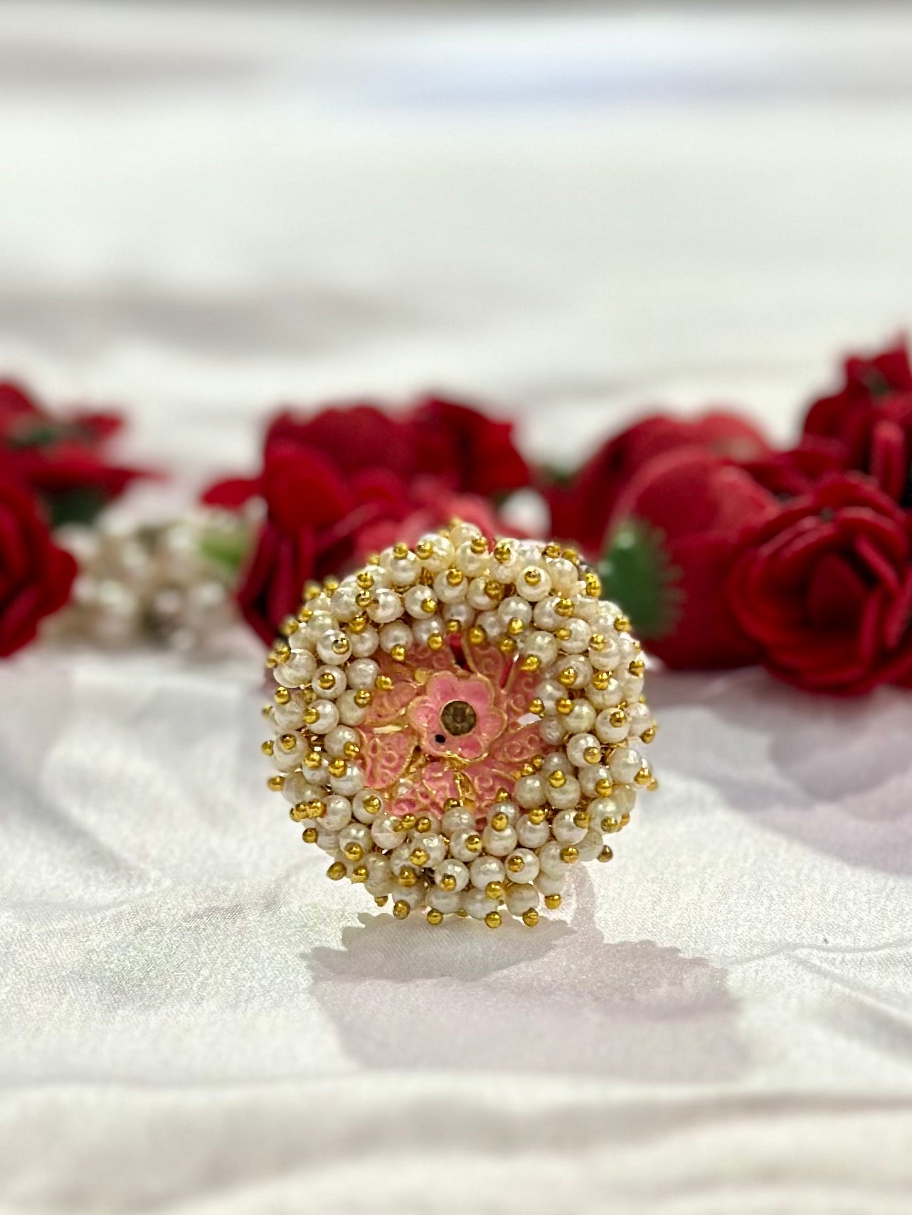 Pearl ring with meenakari & kundan stone work