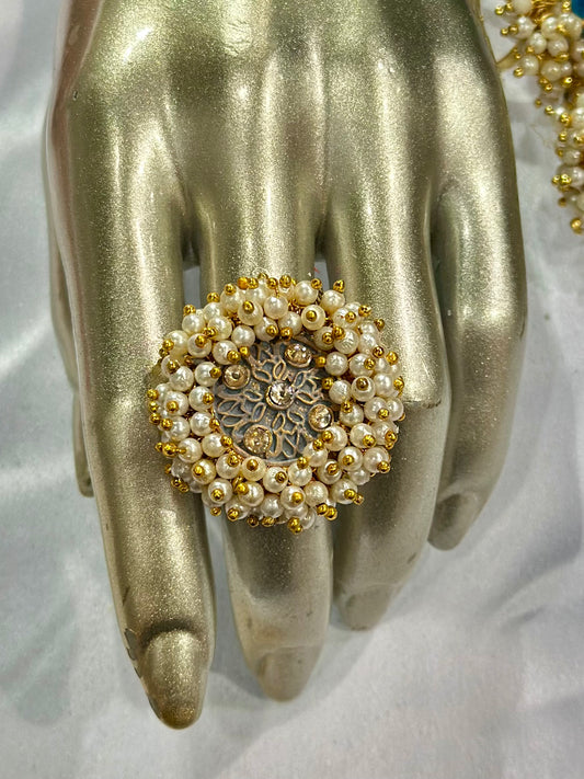 Pearl ring with meenakari & kundan stone work