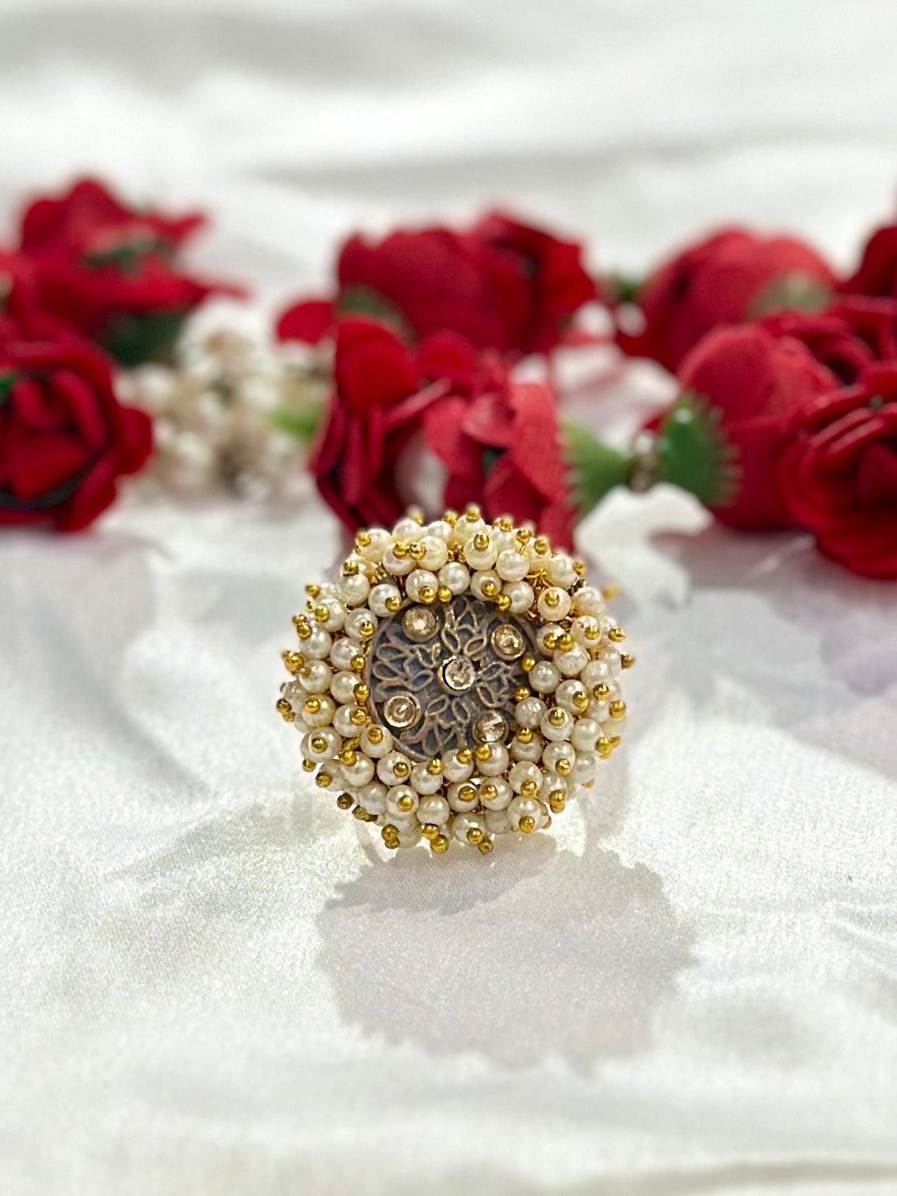 Pearl ring with meenakari & kundan stone work