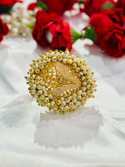 Pearl ring with meenakari & kundan stone work