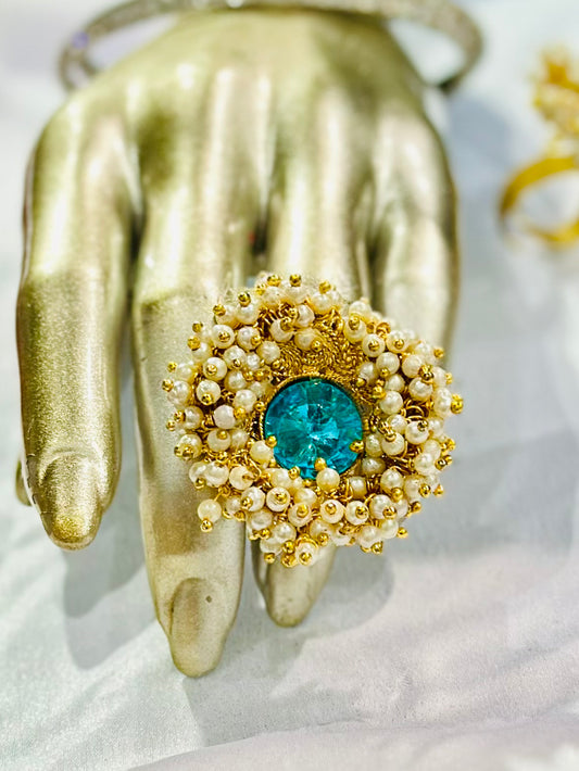 Pearl ring with meenakari & kundan stone work