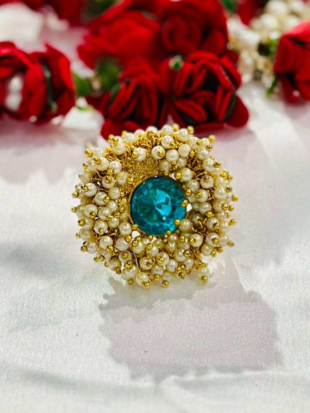 Pearl ring with meenakari & kundan stone work