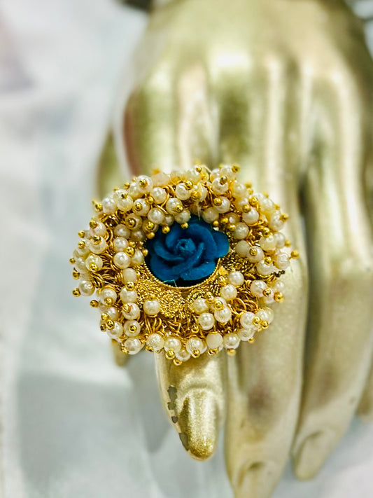 Pearl ring with meenakari & kundan stone work