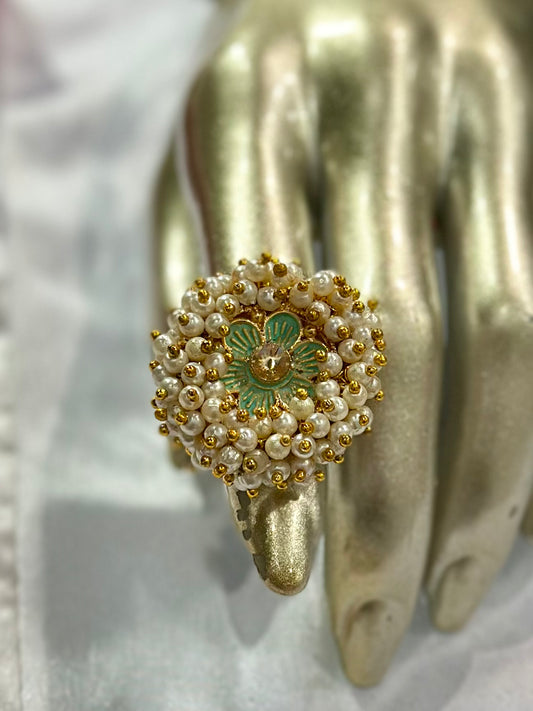 Pearl ring with meenakari & kundan stone work