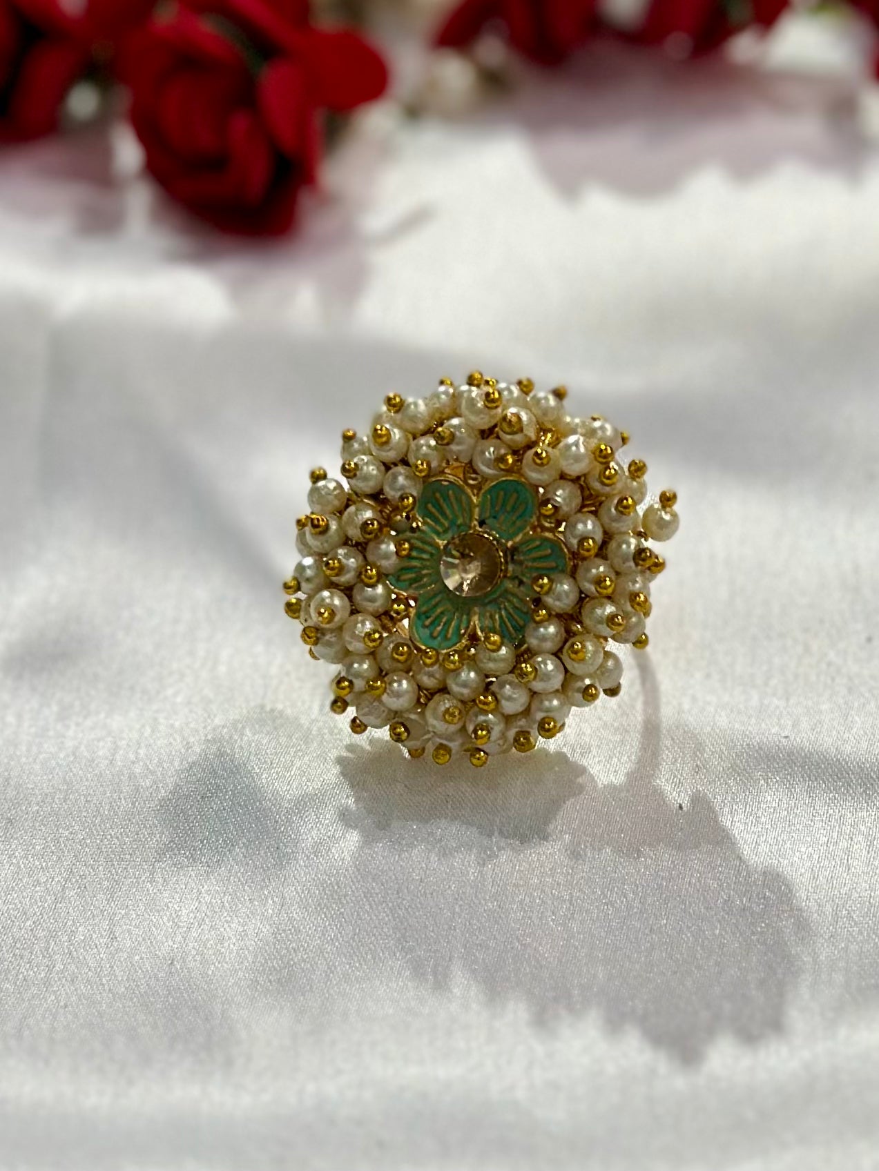 Pearl ring with meenakari & kundan stone work