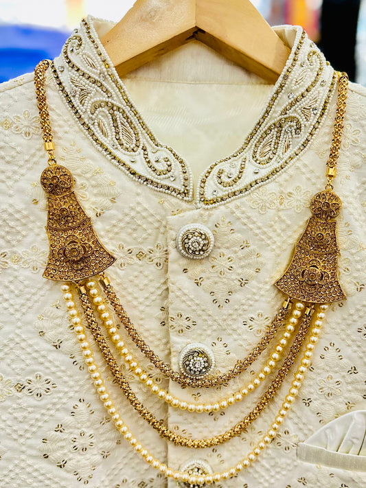 High End Gold Plated stone studded Indian Wedding Bollywood Dulha Moti Mala /Maharaja Haar/ Groom Necklace /Groom mens Necklace