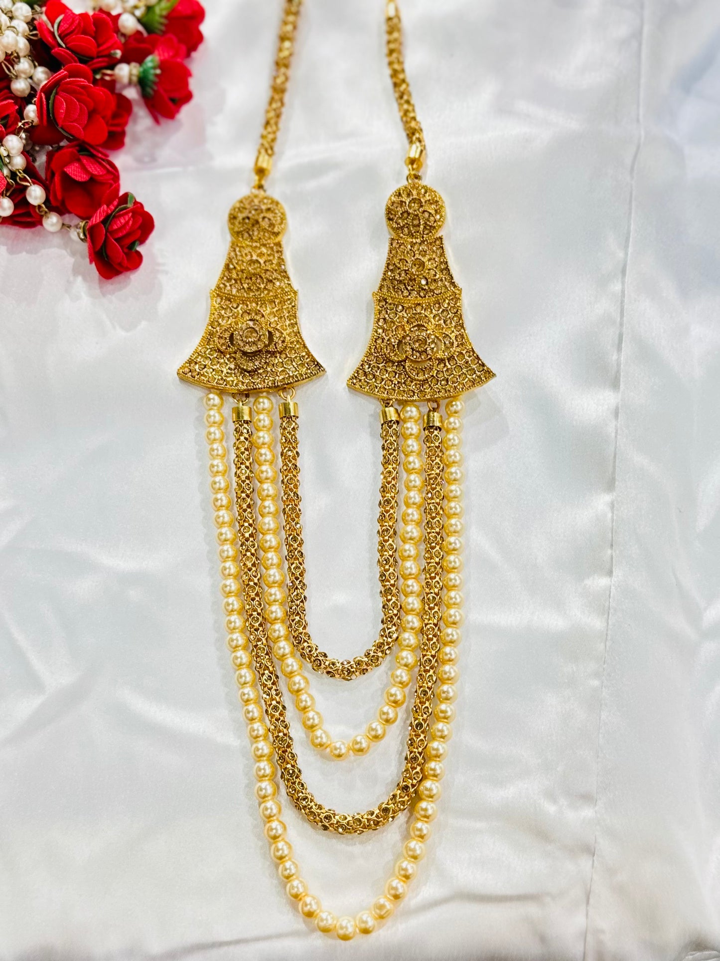 High End Gold Plated stone studded Indian Wedding Bollywood Dulha Moti Mala /Maharaja Haar/ Groom Necklace /Groom mens Necklace