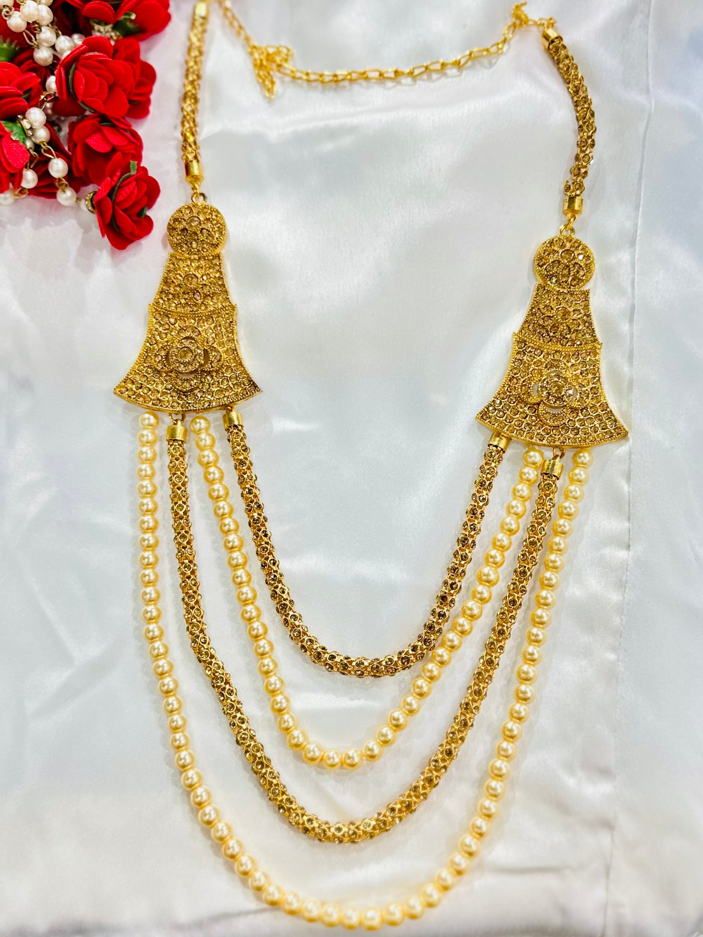 High End Gold Plated stone studded Indian Wedding Bollywood Dulha Moti Mala /Maharaja Haar/ Groom Necklace /Groom mens Necklace