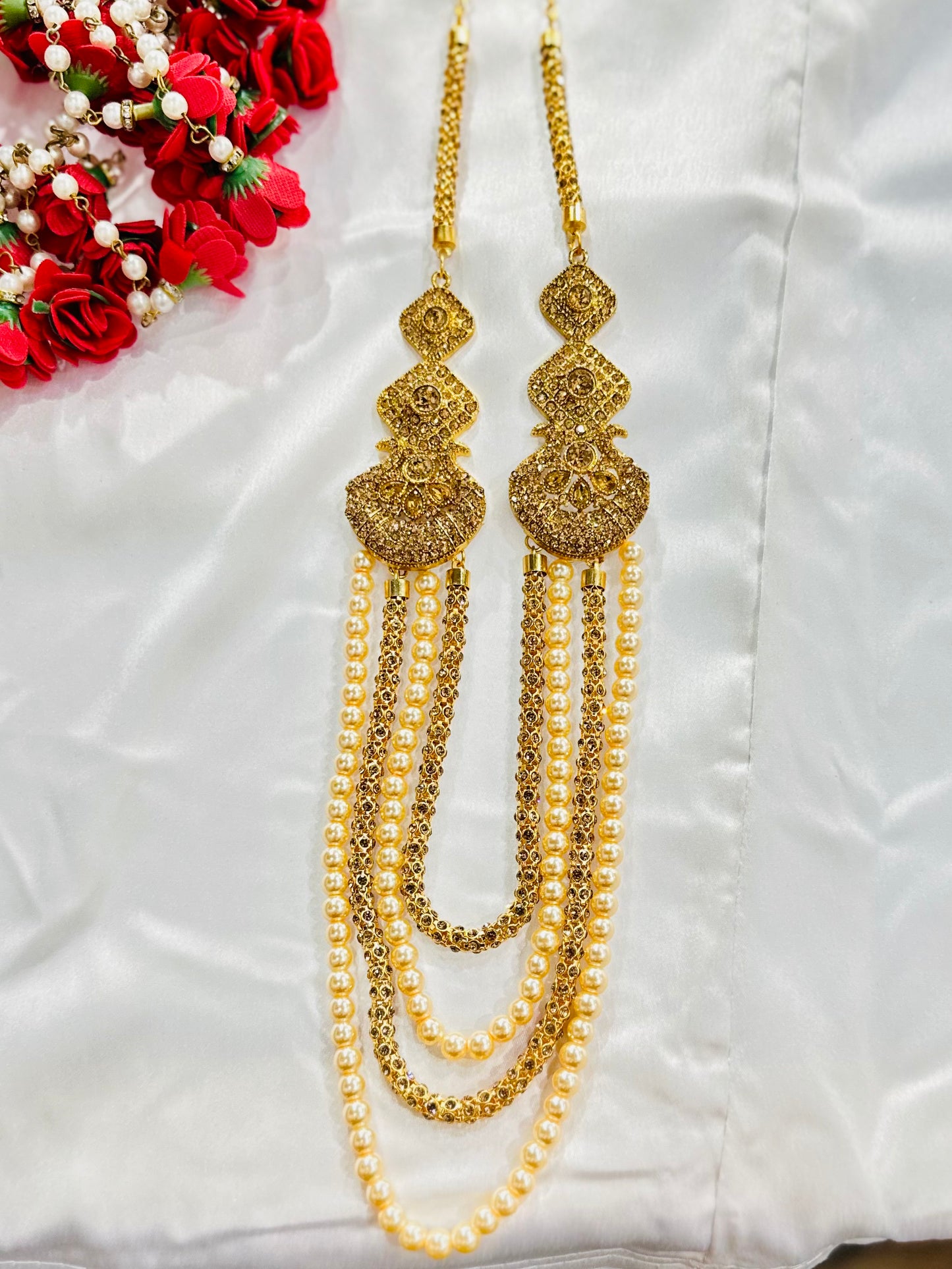 High End Gold Plated stone studded Indian Wedding Bollywood Dulha Moti Mala /Maharaja Haar/ Groom Necklace /Groom mens Necklace