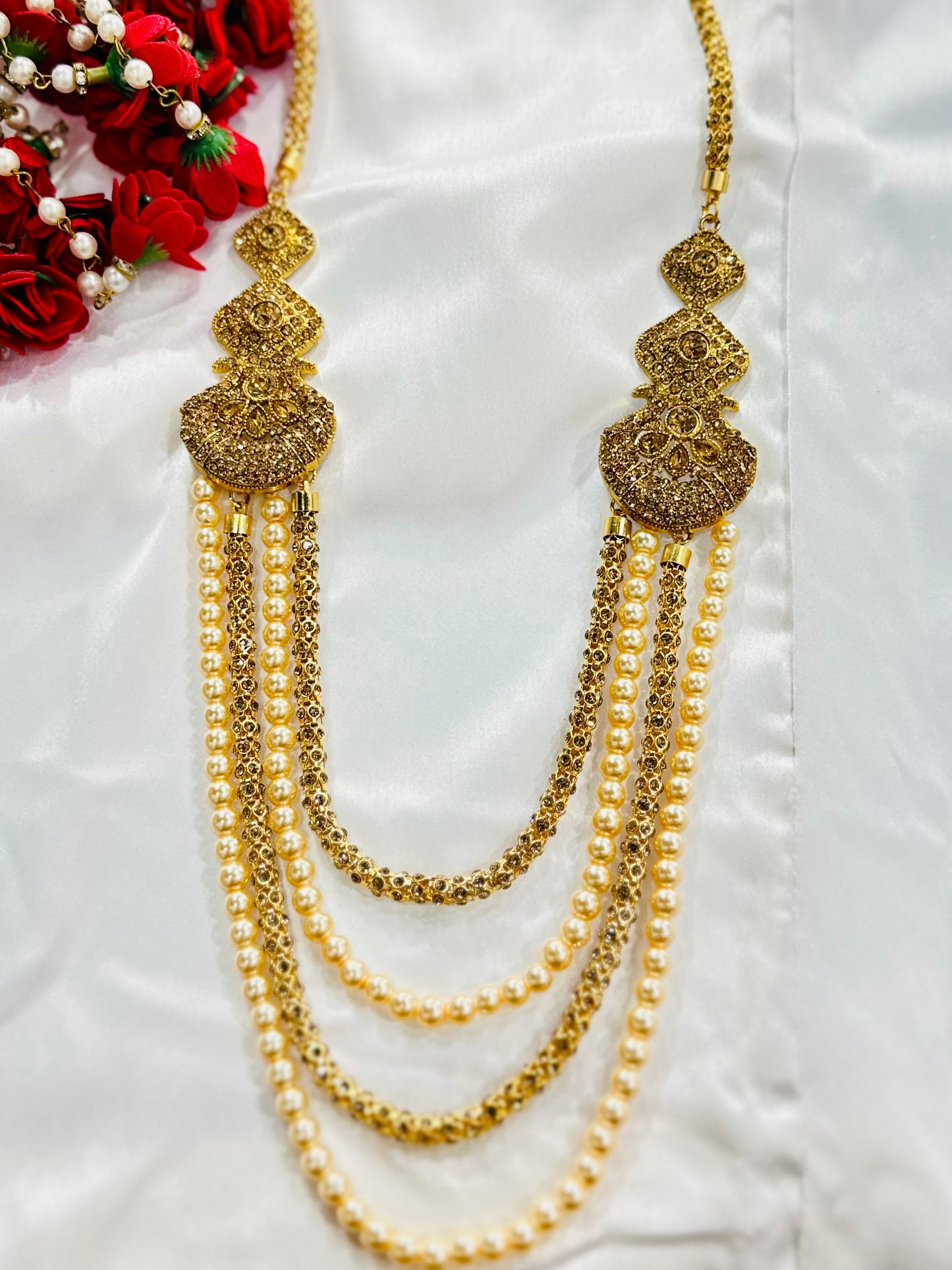 High End Gold Plated stone studded Indian Wedding Bollywood Dulha Moti Mala /Maharaja Haar/ Groom Necklace /Groom mens Necklace