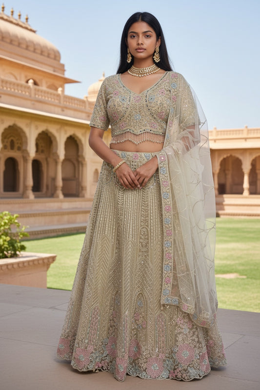 Gold color lehenga with multicolor thread work with original mirror