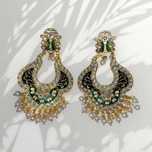 Gold Plated Green & red  Color Meenakari Kundan Earrings