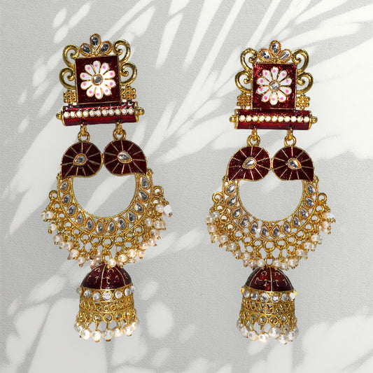 Gold Plated red Color Meenakari Kundan Earrings