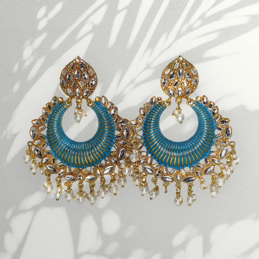 Gold Plated Sky Blue Color Kundan Earrings