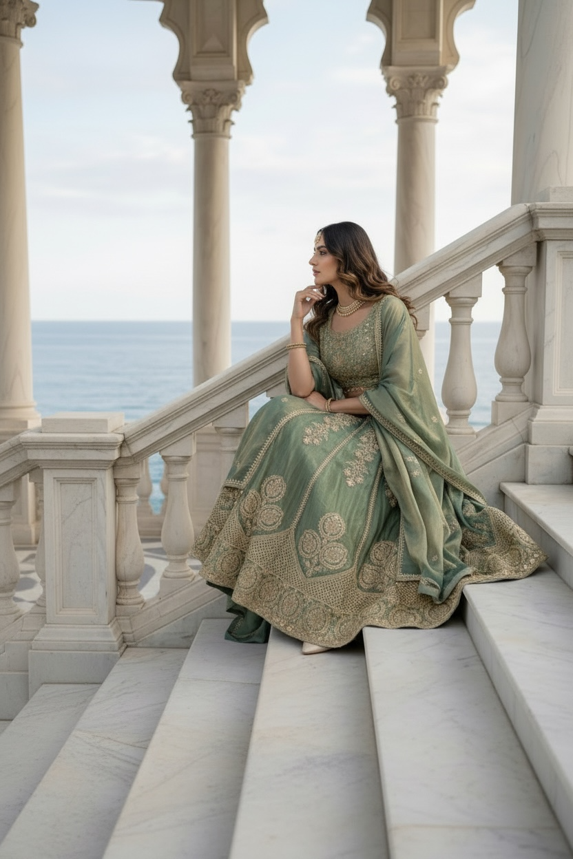 Sage Green crop top Lehenga