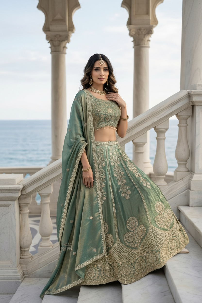 Sage Green crop top Lehenga