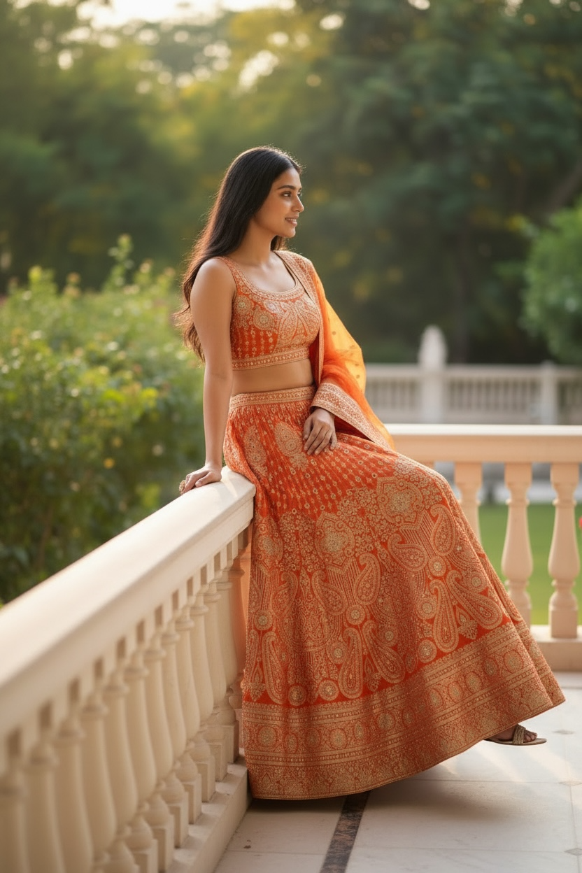 Orange color silk crop top Lehenga