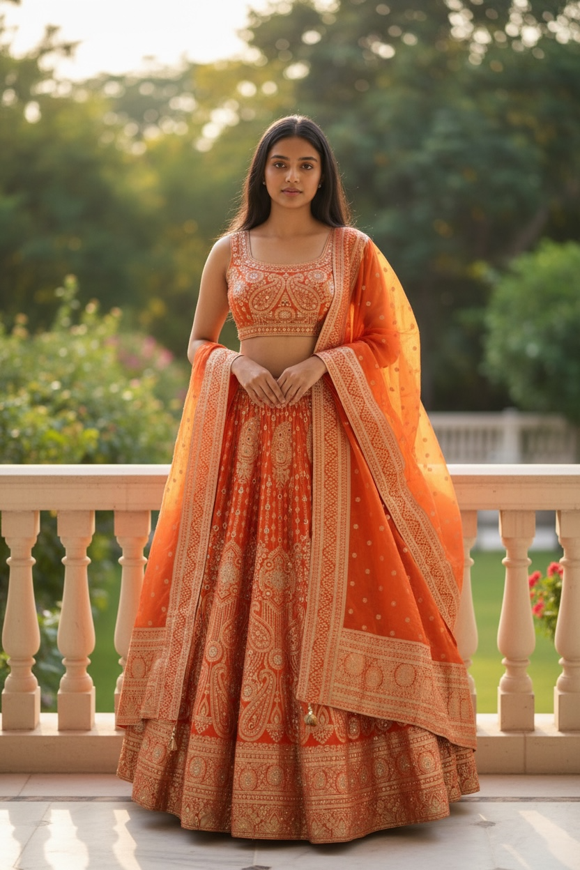 Orange color silk crop top Lehenga