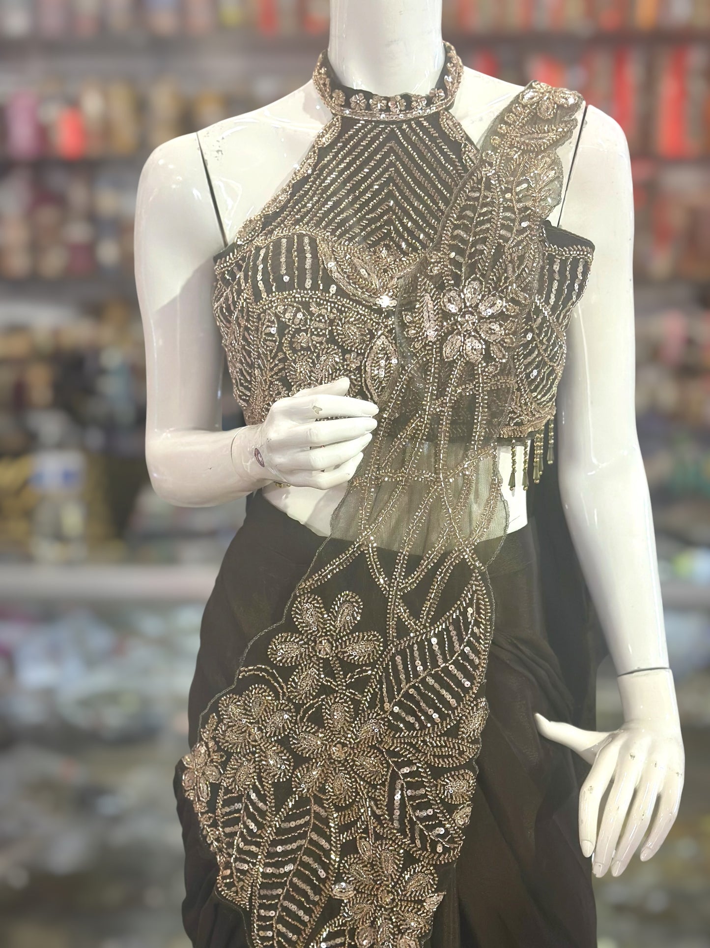 Mehndi Green Ready to wear saree with beads work