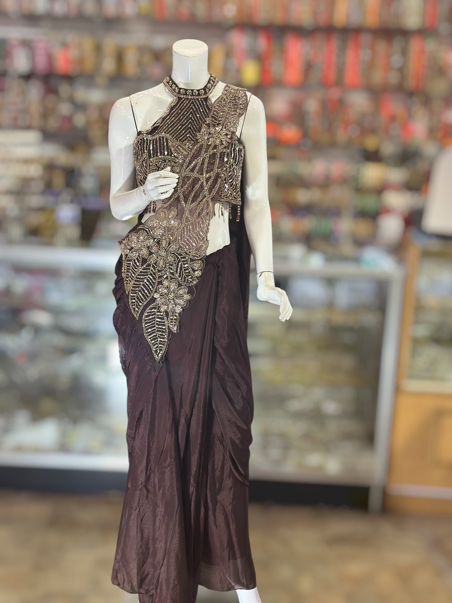 Chocolate Brown shade Ready to wear saree with Beads work